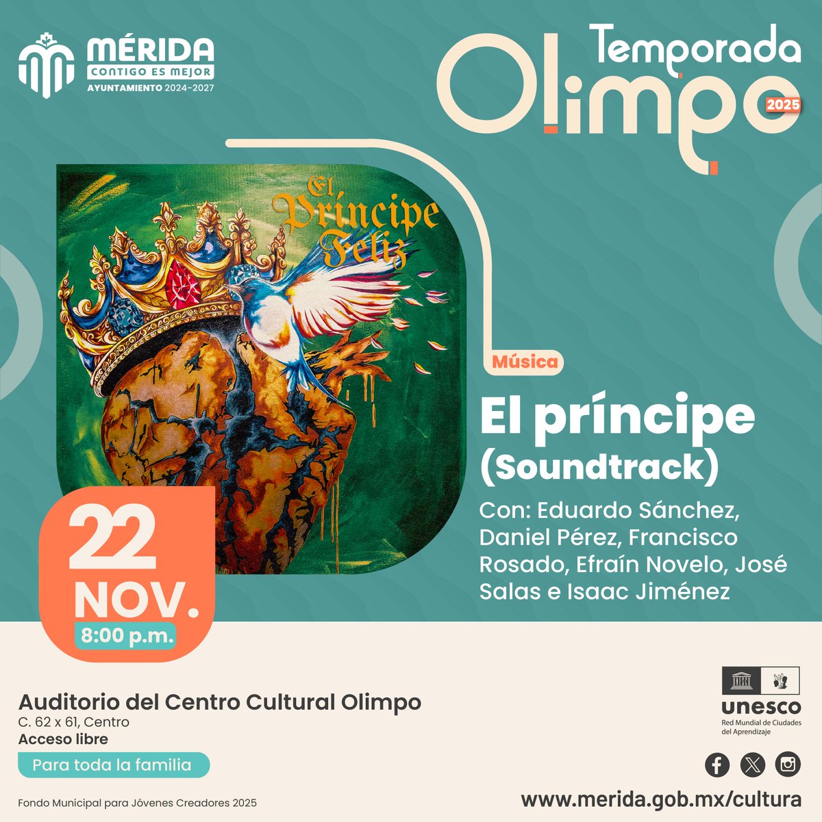 A través de los ojos de una golondrina migratoria, descubre la historia de amistad entre “El Príncipe” y la pequeña ave, en un nuevo proyecto del Fondo Municipal para Jóvenes Creadores 2025.
🔹22 de noviembre
🔸Olimpo
⏰8 p.m. Acceso libre. #MéridaContigoEsMejor <a href="/CeciliaPatronL/">Cecilia Patrón Laviada</a>