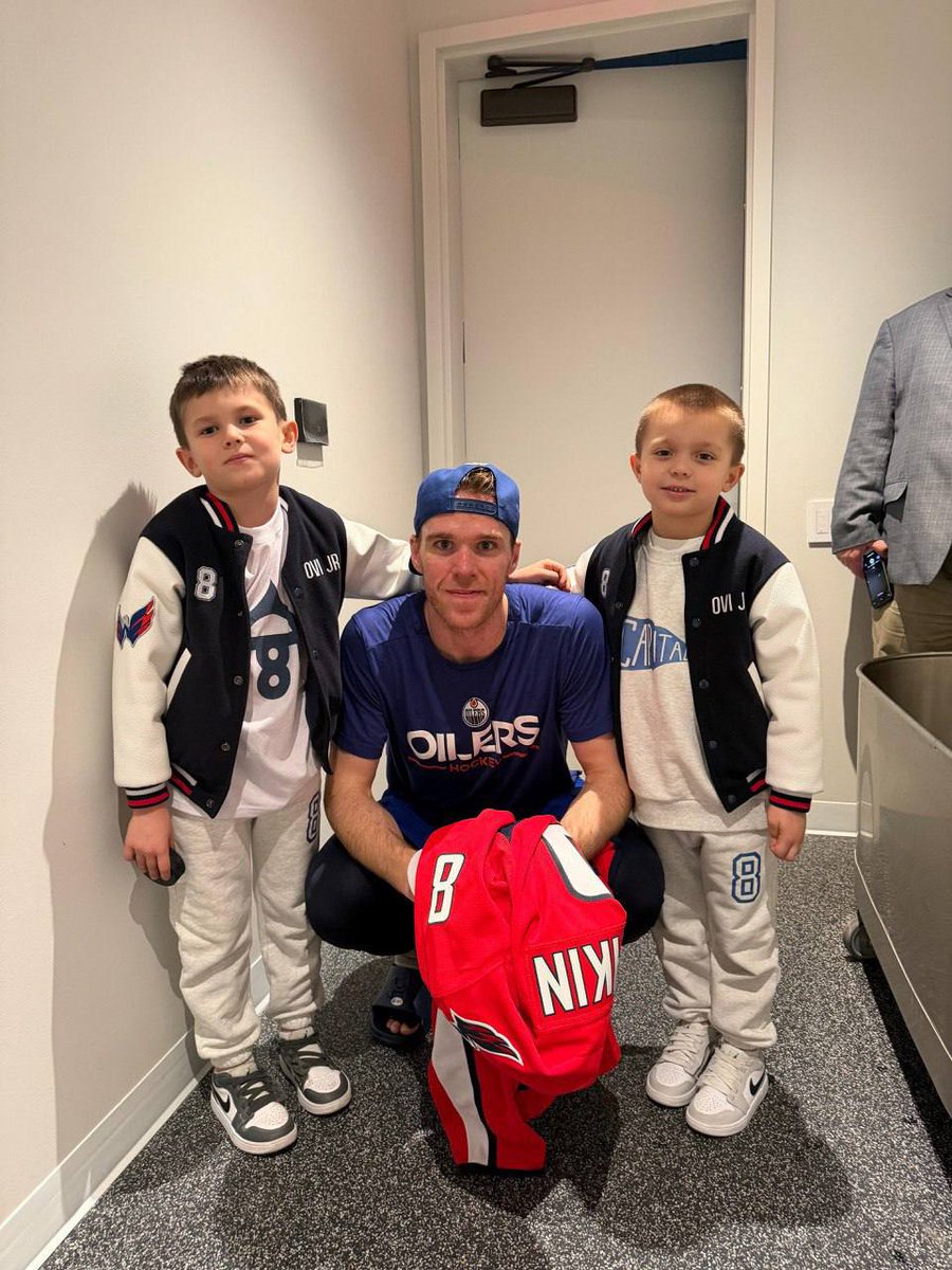 After the Caps played  the Oilers in DC last night, Connor McDavid traded jerseys with Alex Ovechkin &amp; took a photo with Sergei and Ilya. Ovi still hasn't said if he's going to retire after this season, but with the frequent jersey swaps, it makes you wonder.  #ALLCAPS
