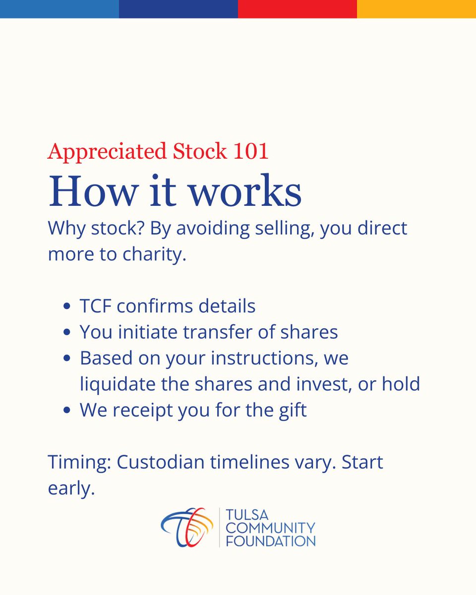 TulsaCF's tweet photo. Considering donating stock instead of cash before the end of 2025? Open a fund at @TulsaCF: https://t.co/g7XS31o0wQ Not tax or legal advice.” https://t.co/Ak8Zt9pj8K