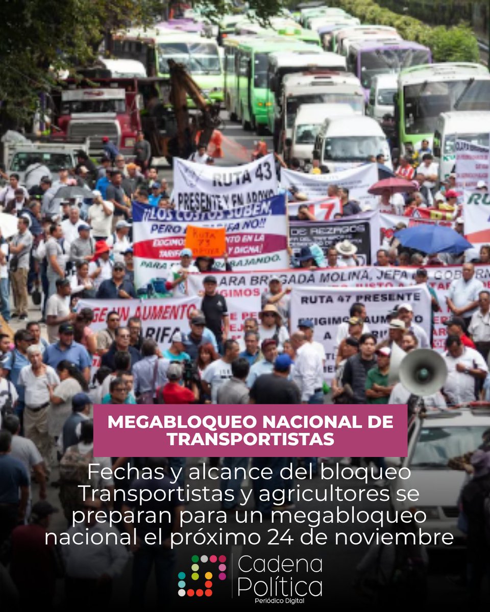 cadenapolitica's tweet image. 🚨 ¡Alerta nacional! 🚨

Transportistas y #Campesinos anuncian un megabloqueo el 24 de noviembre para exigir seguridad en carreteras y precios justos para sus productos.

🛣️ Cierres previstos en casetas, autopistas y aduanas
🏙️ CDMX y Estado de México serán los más afectados…