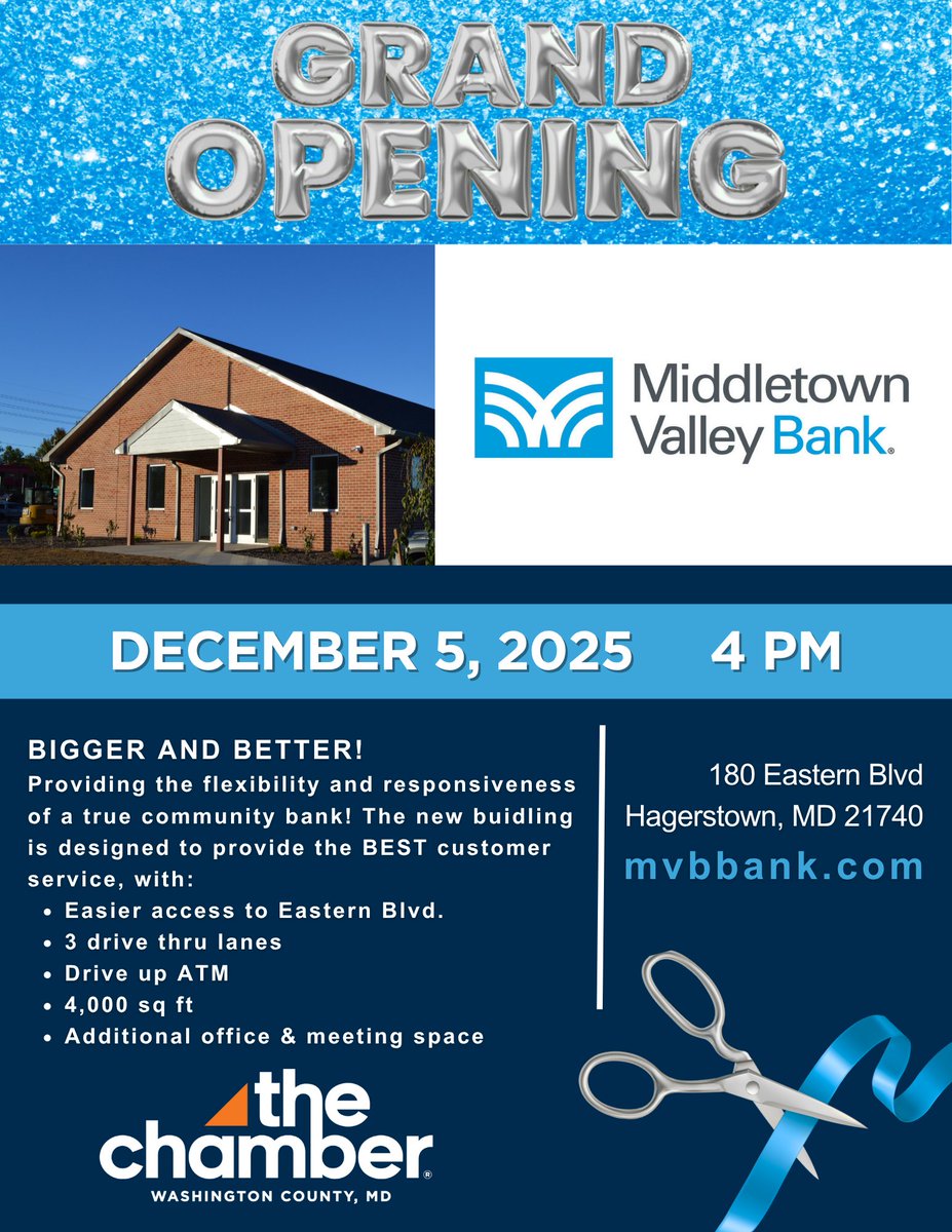 FRIDAY, DECEMBER 5, 2025 AT 4PM - Join us for the GRAND OPENING of Middletown Valley Bank's new Eastern Blvd. branch! Located at 180 Eastern Blvd., Hagerstown, MD.