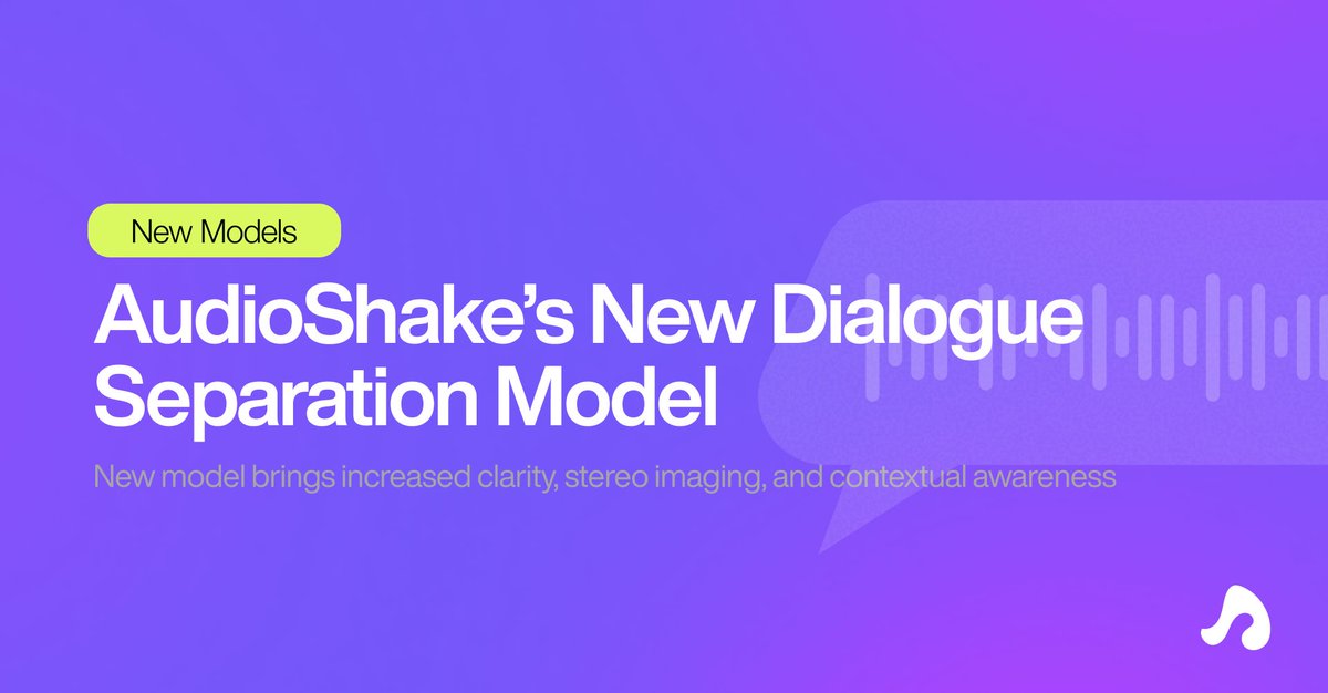 AudioShakeAI's tweet photo. AudioShake’s newest Dialogue Separation model is here — built for cleaner, more natural #speechisolation in film, TV, and localization.
🎙️ 75% better stereo coherence
💨 3x faster processing
🎵 Smarter speech–singing separation
Learn more → https://t.co/y9bhFIO379 https://t.co/TkyL5pHWUM