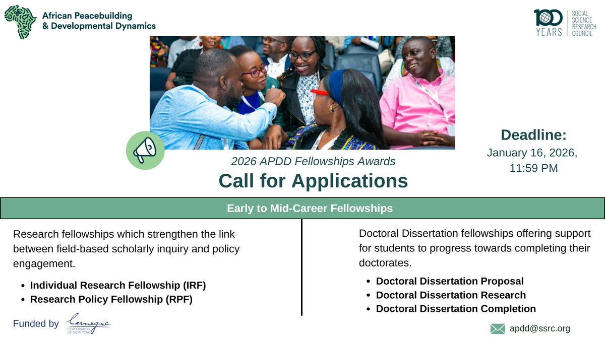 SSRC_APDD's tweet image. REMINDER! Applications are open for the 2026 African Peacebuilding &amp;amp; Developmental Dynamics fellowships (formerly APN &amp;amp; Next Gen). Apply now. 
 
🗓️ Deadline: Jan 16, 2026   
📷Learn more: bit.ly/3L2AQkI