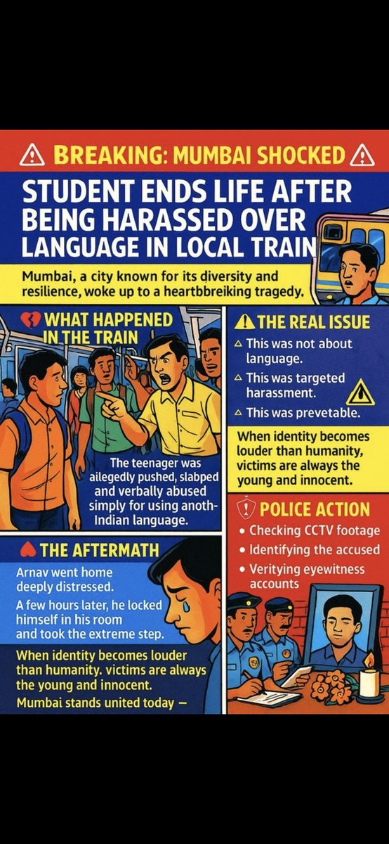 A teenager was bullied, assaulted, humiliated…
And his last thought was that ending his life felt safer than living in this society.
All because of a language.
If this doesn’t shake us, nothing will.
Mumbai do better.
 India do better.
#Mumbai #Mumbainews #omshanti #ArnavKhaire