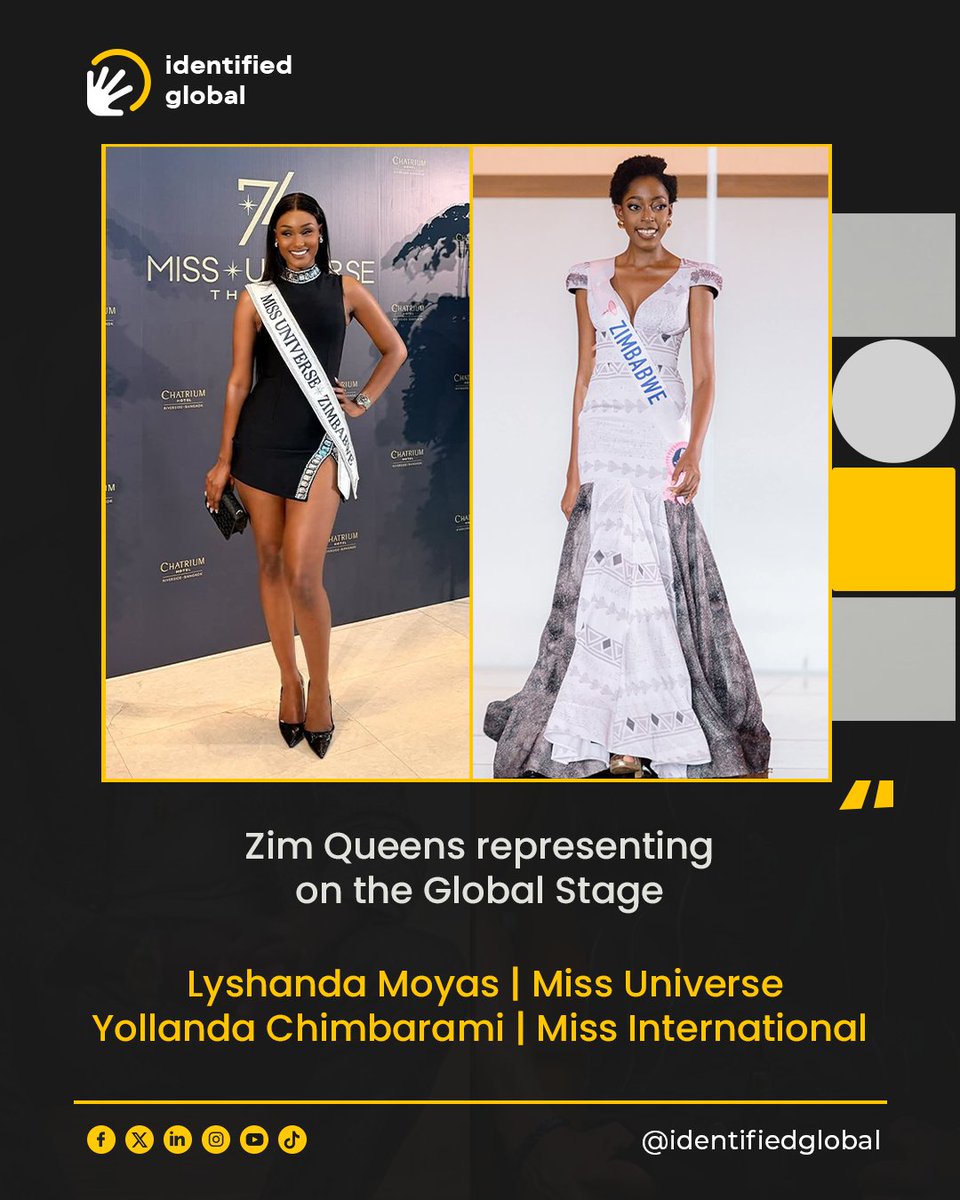identifiedglob's tweet image. ZIMBABWEAN QUEENS TAKING OVER THE WORLD STAGE 👑✨

Lyshanda Moyas – Miss Universe
Yollanda Chimbarami – Miss International

Zimbabwe is shining brighter than ever. 
And yes, it’s the power of the -anda in their names. 🇿🇼✨

#identifiedglobal  #anda