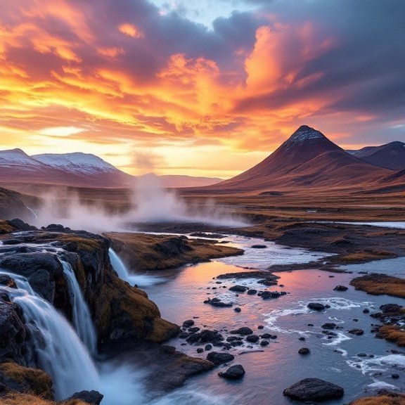 Iceland is like a scene from a fantasy movie, where nature shows off its wild side. The image captures a stunning landscape with vibrant colors blending at sunset. The sky is painted with shades of orange, pink, and blue, creating a dramatic backdrop for the scenery.