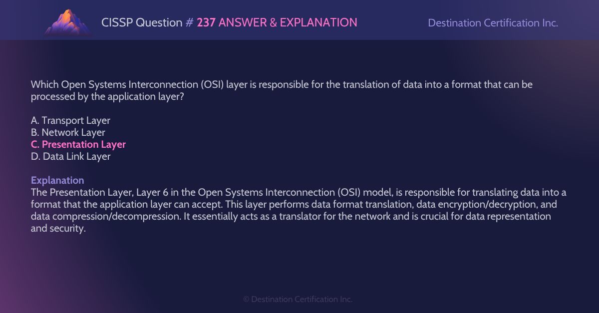 destcert's tweet image. #CISSP Question #237 Answer and Explanation

Here is the answer and an analysis of how to reach the correct answer. If you want to see more content like this, do let us know!

#WeeklyCISSPChallenge #QuestionOfTheWeek #CyberSecurity #CISSPpractice #practicequestions #ISC2