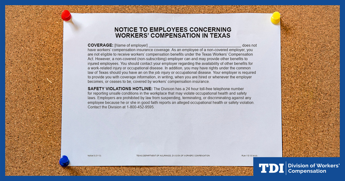 ❓Did you know: as a Texas employer, you must notify your employees about your workers' compensation coverage status?

Learn more and download our pre-formatted notices: bit.ly/DWC-employer