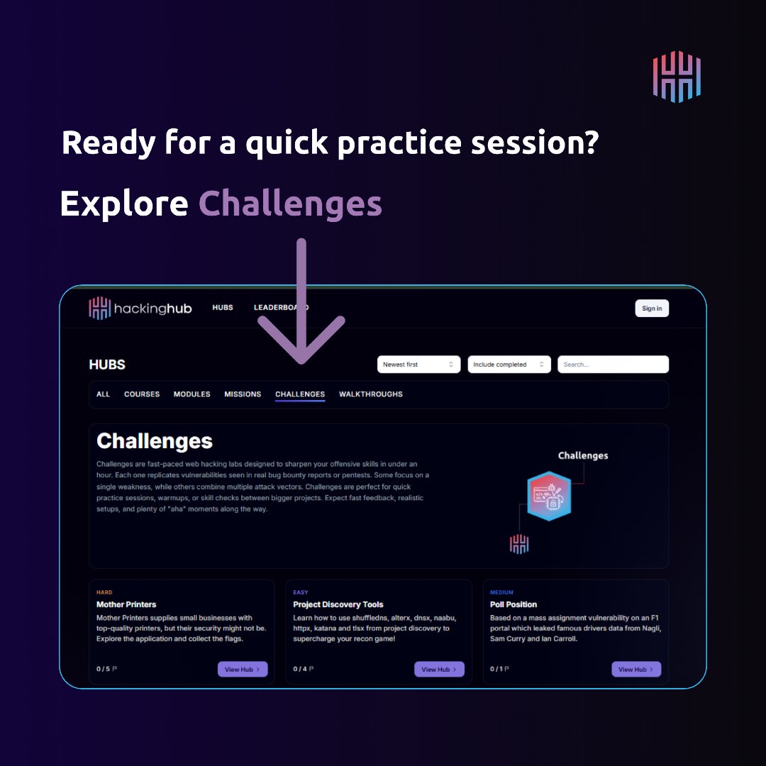 hackinghub_io's tweet image. Got a free hour? ⏱️

Stop scrolling and start hacking.

Challenges are fast-paced web hacking labs designed to sharpen your offensive skills in under an hour.

Get started: app.hackinghub.io/hubs?type=chal…