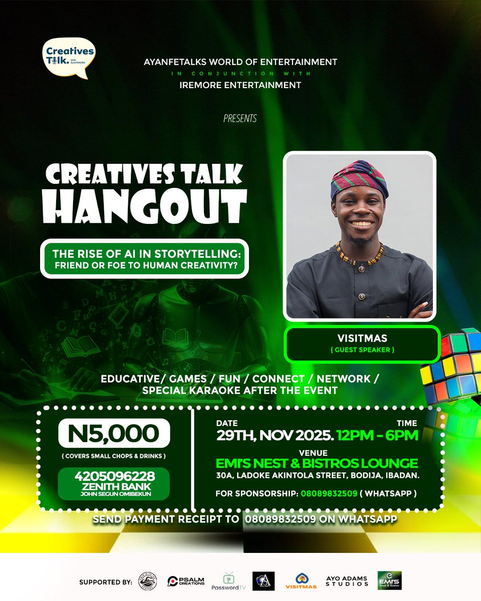 TalkWithAyanfe's tweet image. Proud to announce @visitmas as our Speaker for the Creatives Talk Hangout! 🎤

We’re diving into the future of creativity &amp;amp; AI.

Save the date 👉🏽 Nov 29th.
Get your ticket — DM
 Be There!
#CreativesTalkHouse #AIandCreativity
