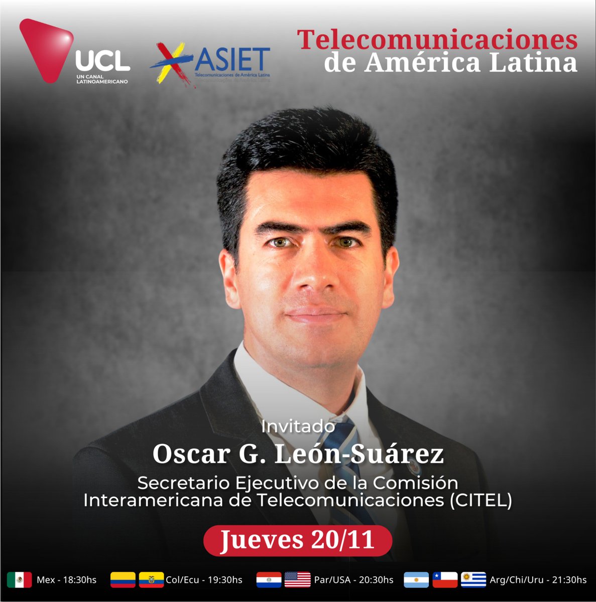 asiet_lat's tweet photo. ¡Es hoy! Nos espera un nuevo #InformativoASIET para dialogar sobre los retos y las oportunidades del sector de las telecomunicaciones para lograr un ecosistema digital equilibrado en América Latina.

¡No te lo pierdas! Conversaremos con @OscarLeonSuarez, Secretario Ejecutivo de @OEA_CITEL.

⏰ 21:30 h (GMT-3)
➡️ Por @ucltelevision https://t.co/uImUUK52NN