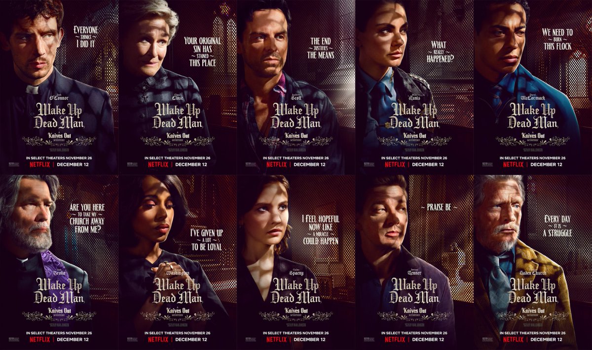 RottenTomatoes's tweet image. All-new character posters for Rian Johnson&apos;s #WakeUpDeadMan: A Knives Out Mystery.