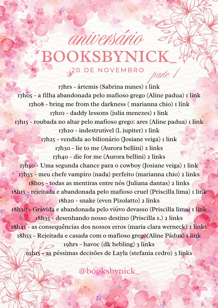 🎉 NIVER BOOKSBYNICK 🎉

parte 1 das dinâmicas de hj 🔥

Regras: RT e fav nesse twitte e na thread do fixado; estar seguindo os autores 💕