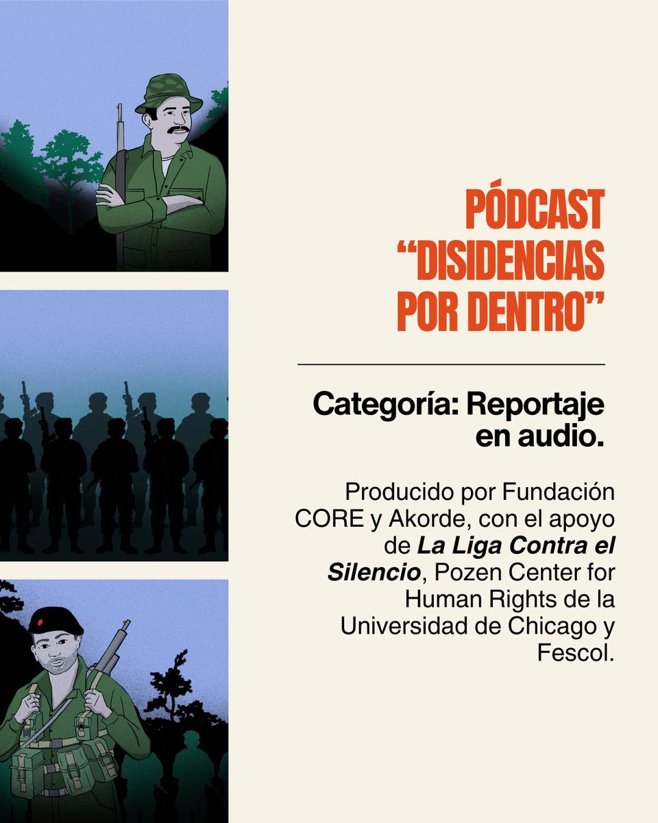 🏅Trabajo ganador: Disidencias por dentro

Por: <a href="/fundacion_core/">Fundación Conflict Responses, CORE</a> y <a href="/AkordeMedia/">Akörde Media</a> con el apoyo de La Liga Contra el Silencio.

Categoría: Reportaje en audio.

Escúchalo aquí: open.spotify.com/show/7mA6HzsI4…