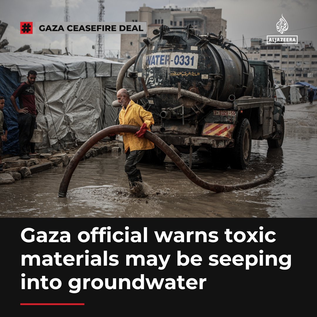 A senior Gaza official warns toxic materials from Israeli bombardment may be seeping into groundwater, worsening the besieged enclave already devastated water system.

🔴 LIVE updates: aje.io/7gw1h2