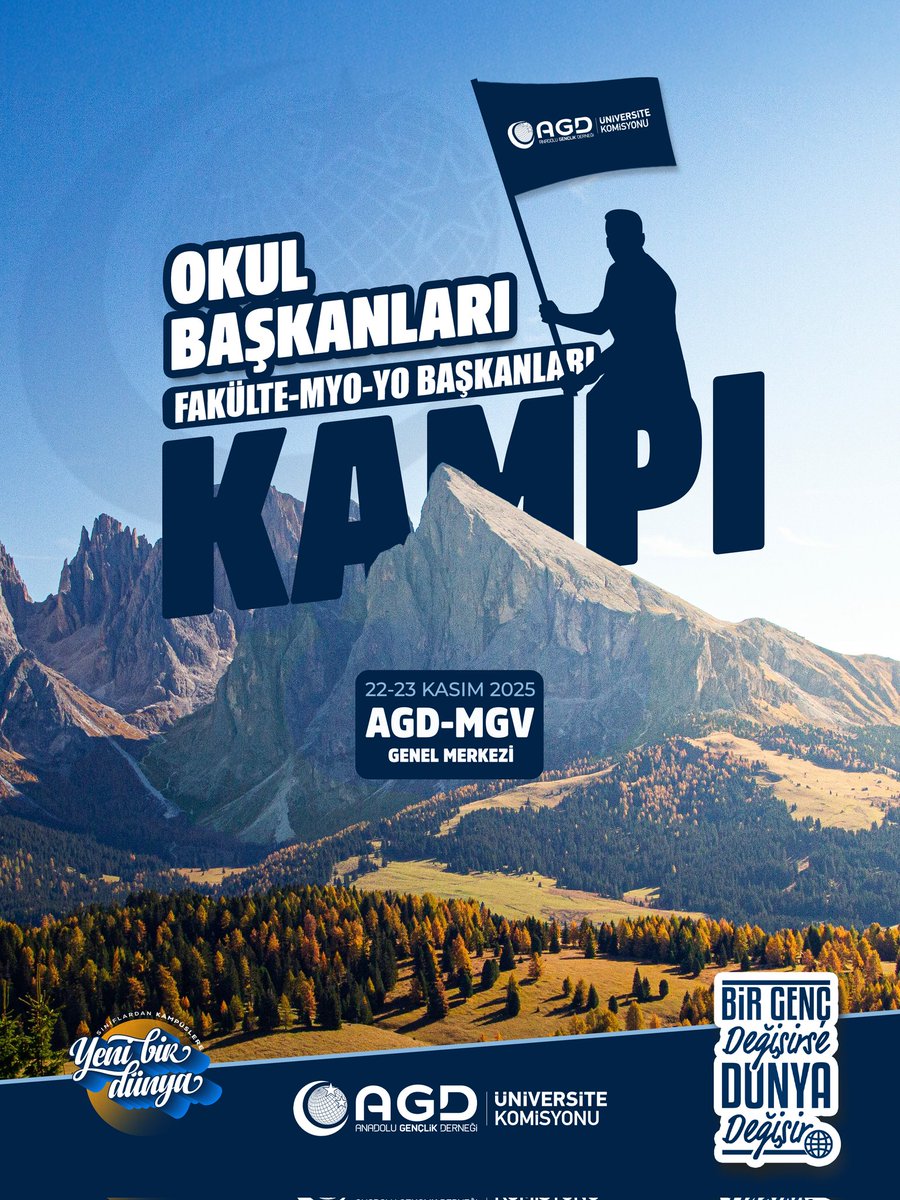 AGDUNi's tweet image. ❝Bir genç değişirse, dünya değişir!❞

▼Okul Başkanları; Fakülte, Myo, Yo Başkanları Kampı 

22-23 Kasım 2025
►Ankara