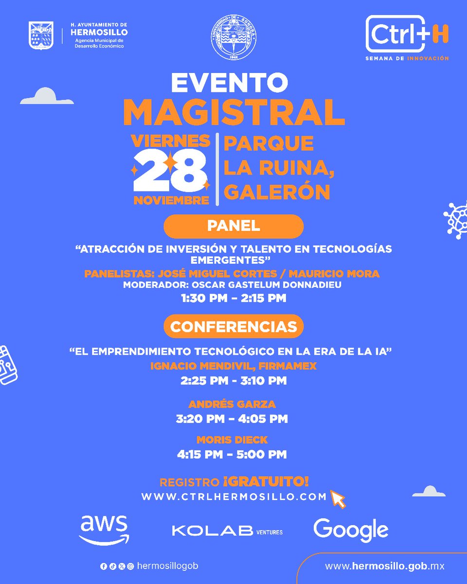 SoyUnison's tweet image. Del 25 al 28 de noviembre se llevará a cabo CTRL+H, un evento de tecnología e innovación, donde convergen expertos, emprendedores y entusiastas de la transformación digital.
Regístrate y asiste, la entrada es gratuita: ctrlhermosillo.com