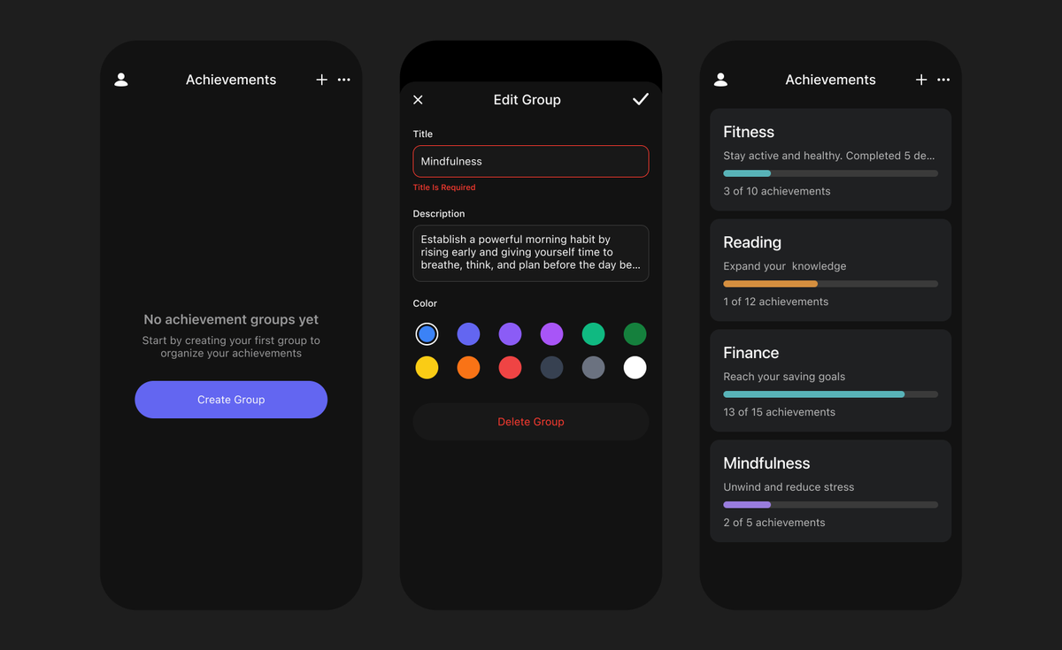 thevitdev's tweet image. This time, before writing any code for Achievements, I&apos;m building the whole app visually in Figma – screens, colors, flows. Trying a &quot;design-first&quot; approach for this project. Feels great so far. 

#IndieDev #ReactNative #Figma