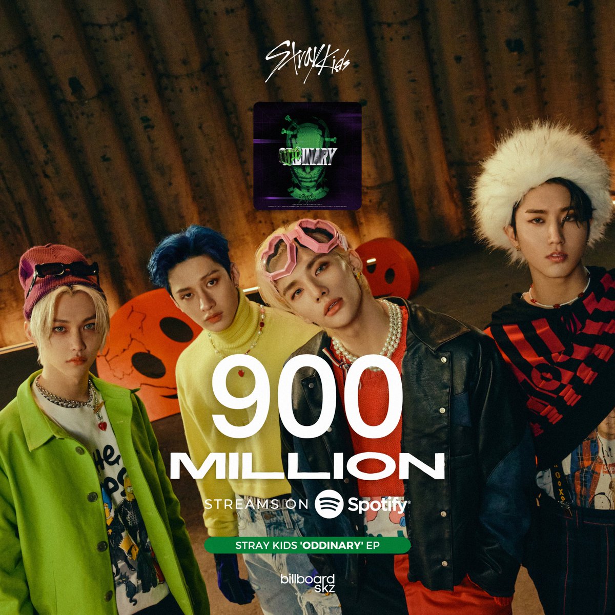 billboardskz's tweet photo. <ODDINARY> EP by @Stray_Kids has now surpassed 900,000,000 (900M) streams on Spotify, their first EP and overall fifth album to do so!
#StrayKids #스트레이키즈 #ODDINARY #MANIAC https://t.co/gj8Dy7CYU5