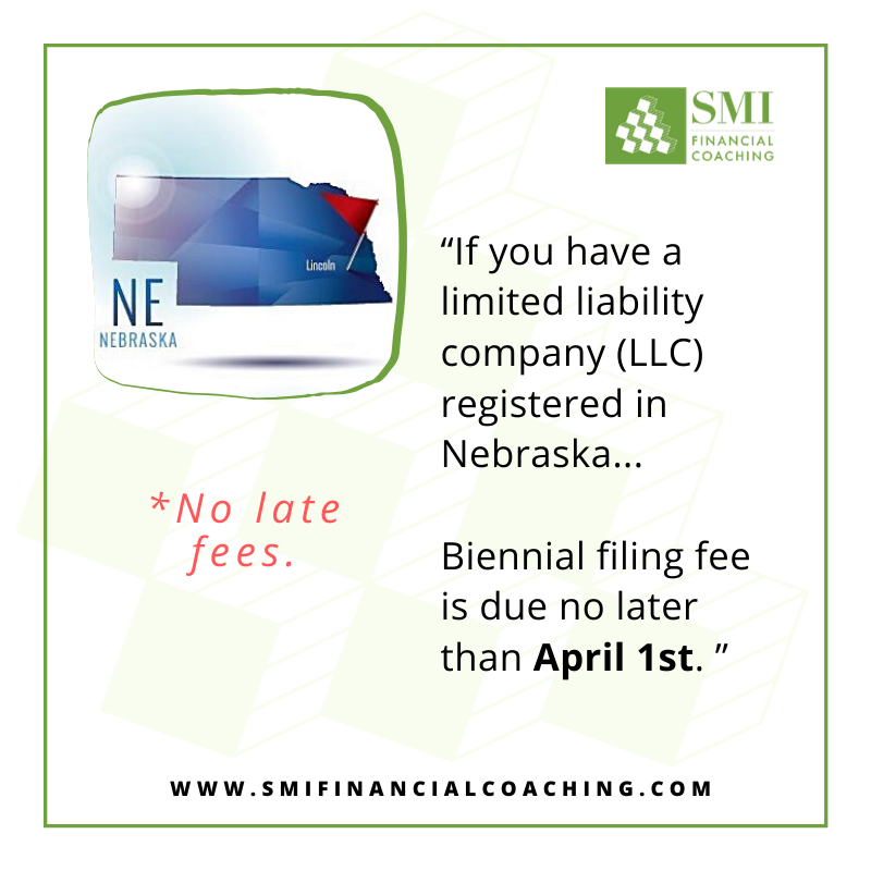 If you have a limited liability company (LLC) registered in #Nebraska, your biennial report and filing fee are due by April 1st. No late fees but your business will be dissolved if you’re over 2 months past due. #smallbusiness #finances