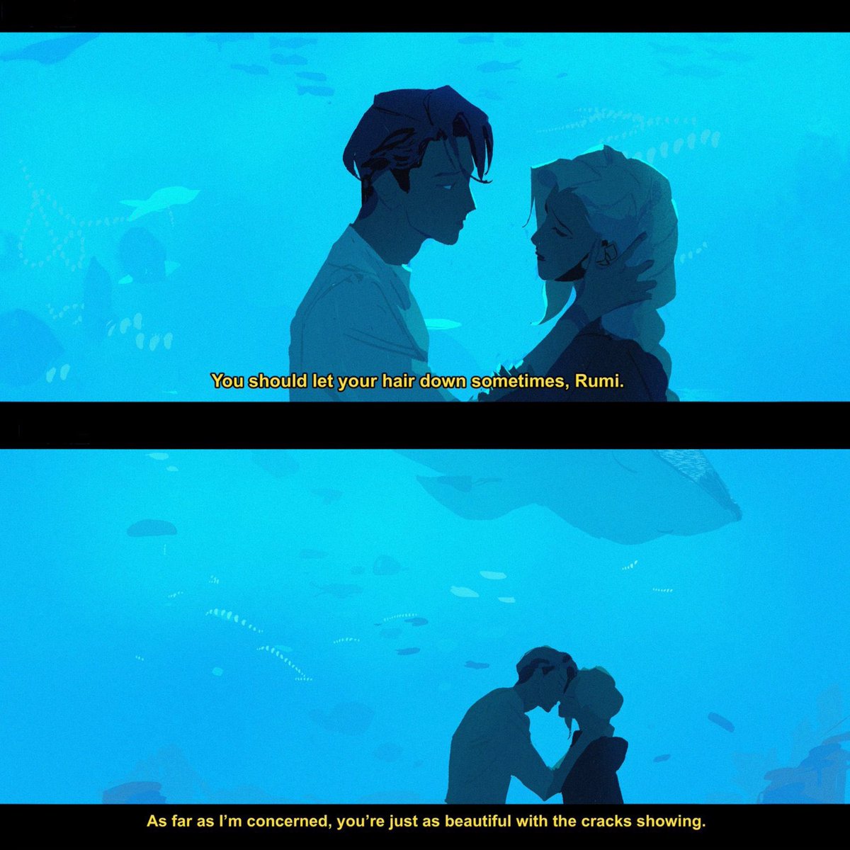 desolatist's tweet image. “they’re insane for this” &amp;amp; it’s marion bordeyne’s concept art of rumi &amp;amp; jinu kissing