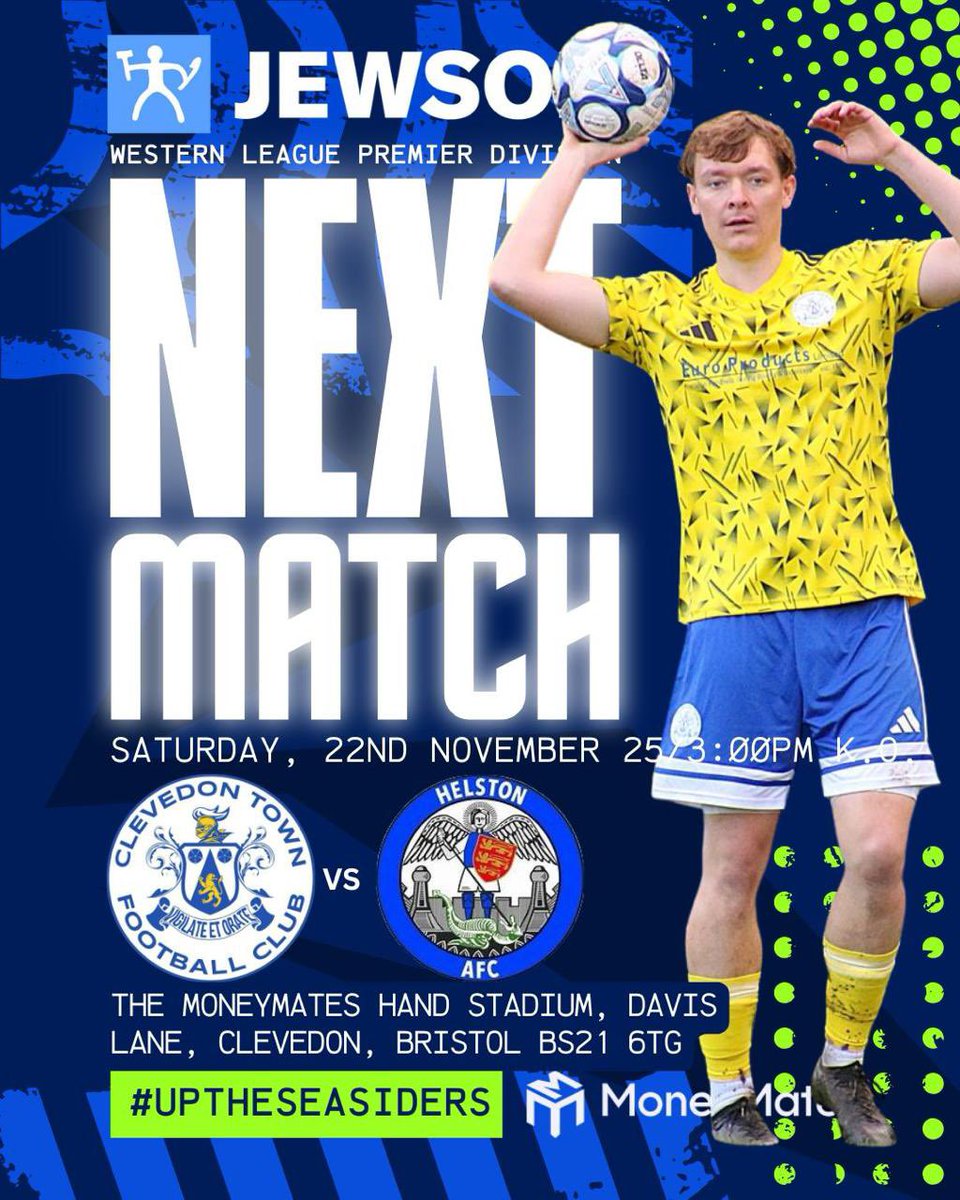 ClevedonTownFC's tweet photo. 🔵 NEXT UP AT THE MONEYMATES HAND STADIUM 🔵

Our final home game of the month is this Saturday as we welcome Helston Athletic to BS21!

📅 Saturday 22nd November
🆚 @HelstonAFC  🕒 3:00pm 📍 The Moneymates Hand Stadium 🎟 Adults £9 | Concessions £6 | U16s FREE

Your support makes all the difference — see you there, Seasiders!
 #ClevedonTownFC #CTFC #UpTheSeasiders
@swsportsnews @Moneymates2025