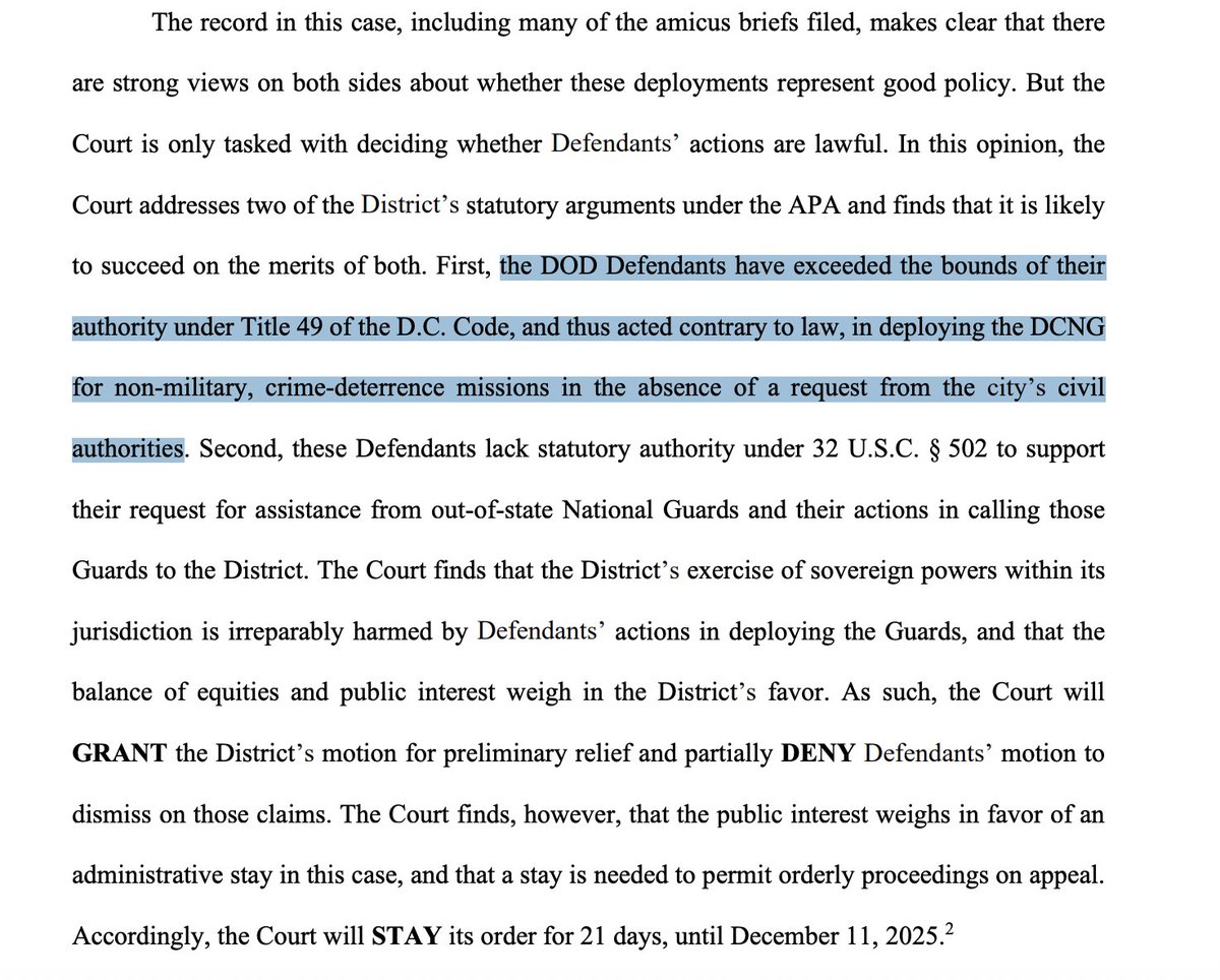 kyledcheney's tweet image. BREAKING: Judge Cobb rules that the Pentagon&apos;s National Guard deployment into D.C. was illegal.

However, she has stayed the effect of her order until Dec. 11 to prevent disorder while the matter is under appeal. 

ecf.dcd.uscourts.gov/cgi-bin/show_p…