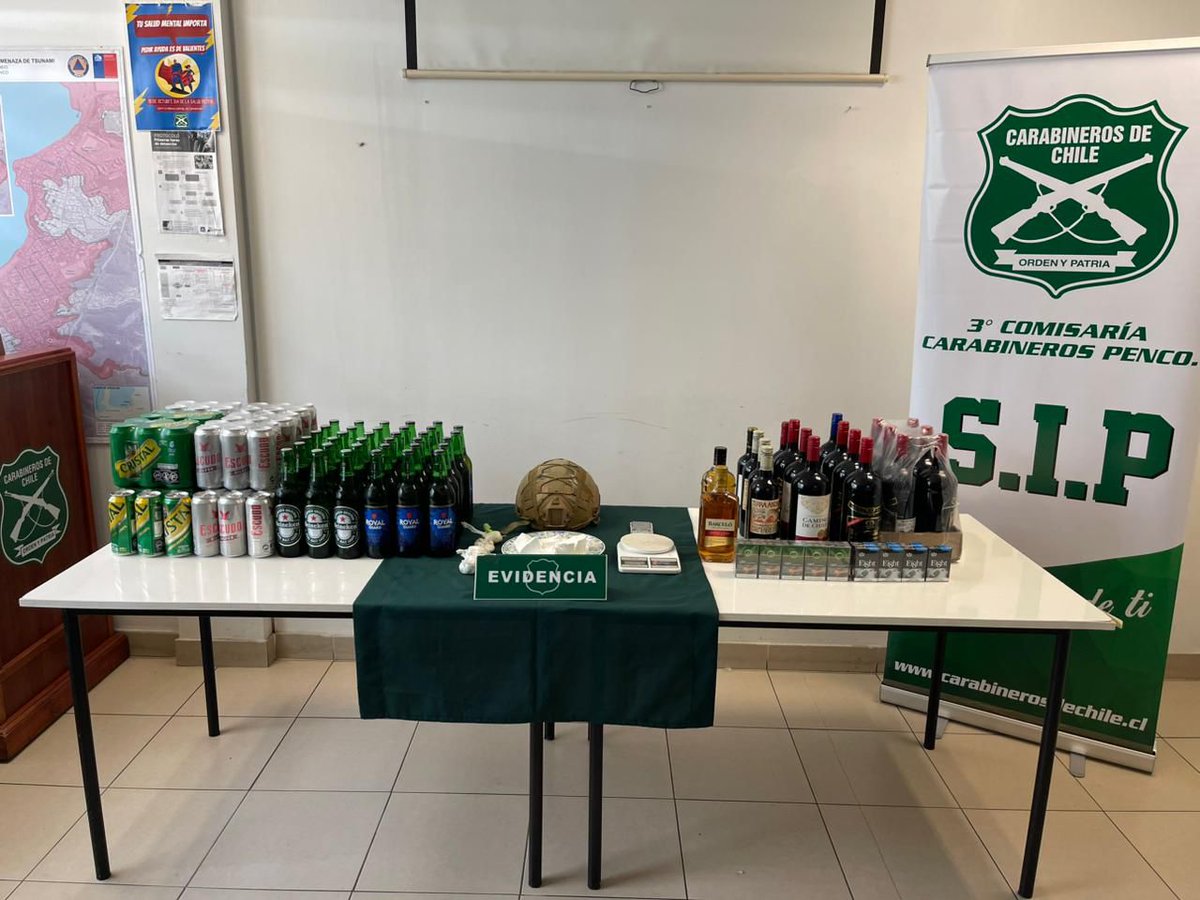 Carabineros de la SIP de la 3ra. Comisaría de #Penco logró la detención de un sujeto mayor de edad chileno, con antecedentes penales por el delito de Tráfico de Drogas, Contrabando de Cigarrillos  y Venta de Alcohol Clandestino, quedando a disposición del Ministerio Público.