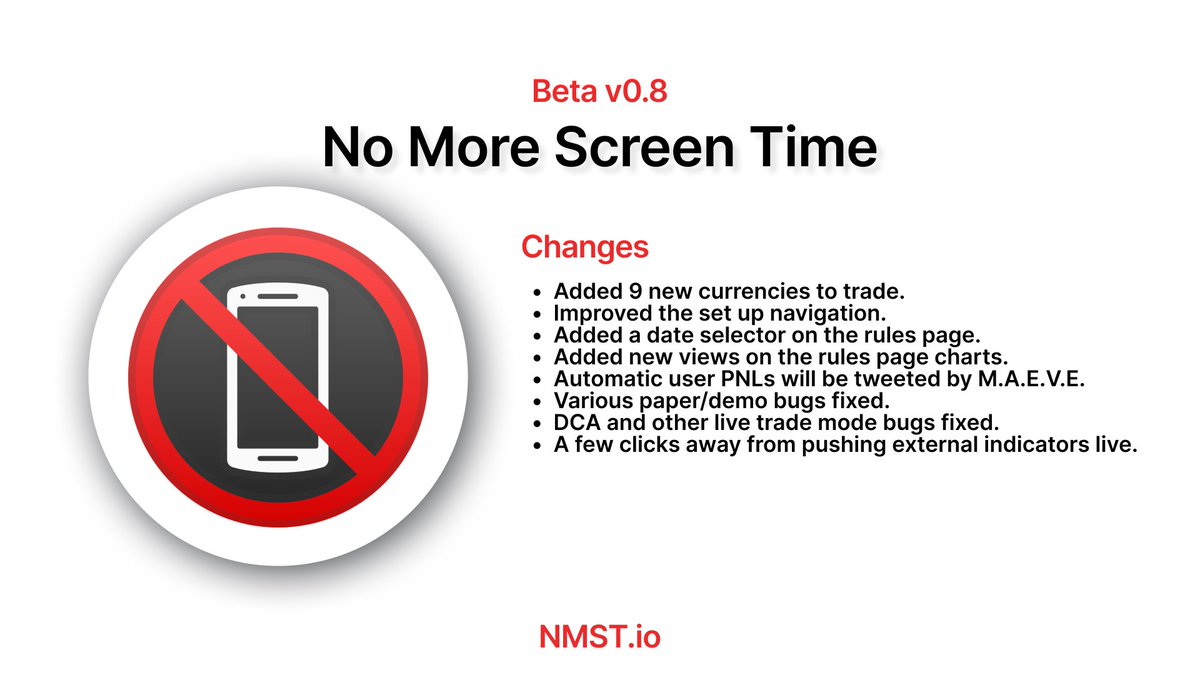 NMST_io's tweet image. No More Screen Time v0.8 is live!

A few new currencies, better navigation, lots of bug fixes/changes from feedback, and some trades will be tweeted by @CFGI_MAEVE.

Next steps for NMST.io are external indicators and perps!

The F in $CFGI means forever (building)