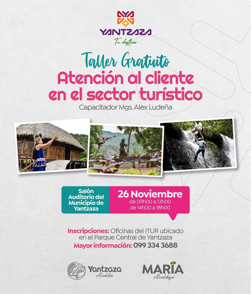 Yantzazaturismo's tweet image. Asiste al taller de 𝐀𝐭𝐞𝐧𝐜𝐢ó𝐧 𝐚𝐥 𝐂𝐥𝐢𝐞𝐧𝐭𝐞 𝐩𝐚𝐫𝐚 𝐞𝐥 𝐬𝐞𝐜𝐭𝐨𝐫 𝐭𝐮𝐫í𝐬𝐭𝐢𝐜𝐨.
.
📅 26 noviembre
📍 Auditorio Municipal
🎓 Incluye certificado válido para renovar la LUAF 2026
Inscripciones en ITUR. Info: 099 334 3688
#Yantzaza #Turismo #Capacitación