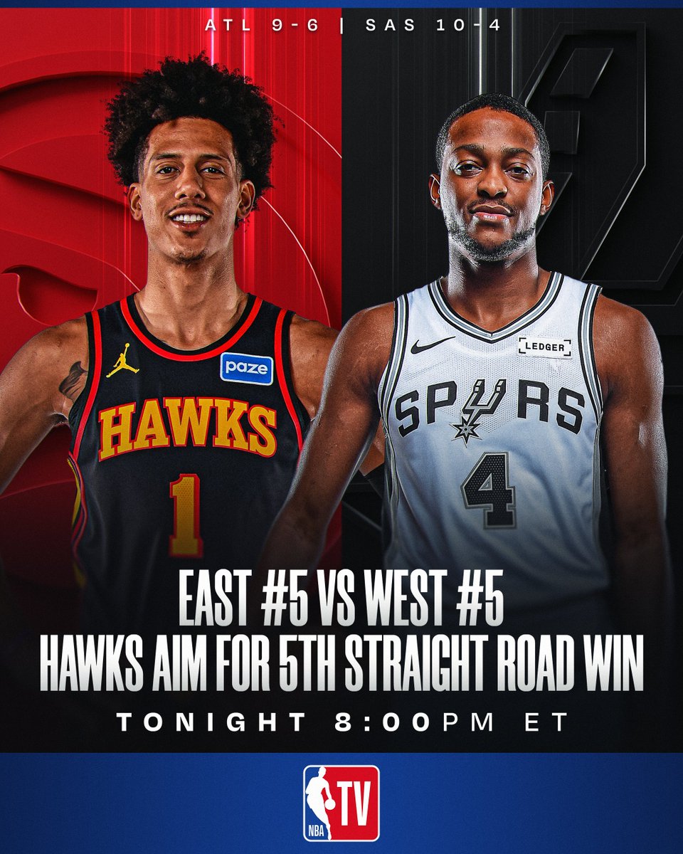 Jalen Johnson (22.0 PPG, 9.5 RPG, 6.5 APG) and the East #5 Hawks seek their 5th straight road victory as they visit De'Aaron Fox (22.7 PPG, 6.2 APG) and the West #5 Spurs tonight!
📺 Action tips off at 8:00pm/et on NBA TV