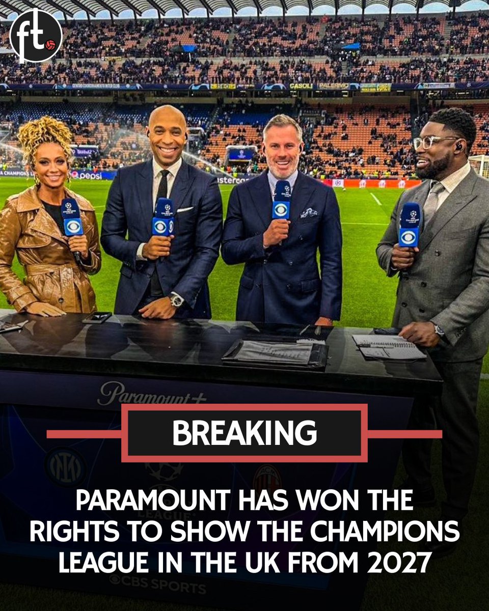 Footballtweet's tweet image. 🚨 𝗢𝗙𝗙𝗜𝗖𝗜𝗔𝗟: Paramount has won the rights to show Champions League matches in the UK from the 2027/28 season.

They will pay well in excess of the £1BN deal currently in place with TNT Sports.

The deal will run for 4 years from 2027 to 2031 with Amazon Prime set to…