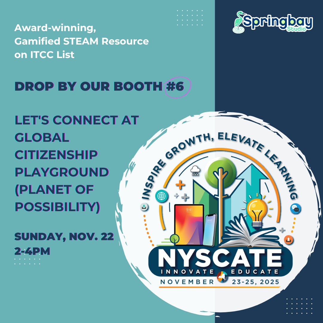 SpringbayStudio's tweet image. Excited to be part of #NYSCATE 2025! 🎉
Join us as we connect, explore, and celebrate innovation for better #Learning.
📍 Drop by our Booth #6 and chat about global citizenship, CSDF,#gbl
🎮 Don’t miss Planet of Possibility- Global Citizenship Playground, Sun 2-4
