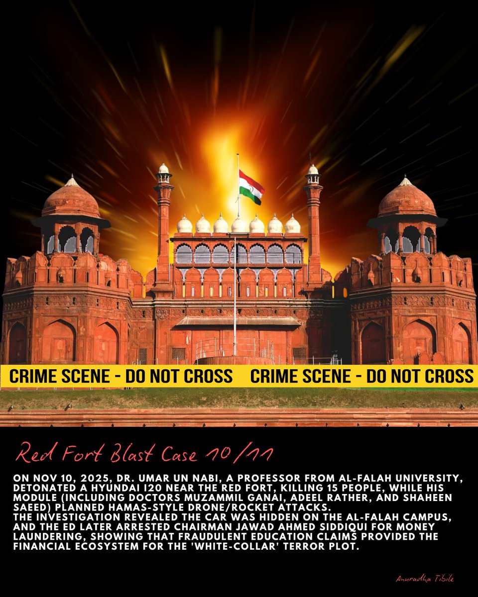 NIA's 10-day custody of 4 more accused (3 doctors + 1 cleric) in Red Fort blast reveals chilling truth: The 'white-collar' terror module used Al-Falah University as base. Plot twist? ED arrested the Chairman for money laundering. Institutional fraud = terror's best disguise.