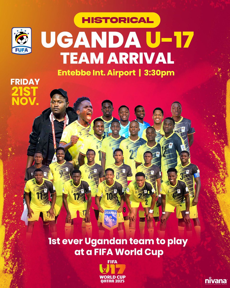 Homecoming! Uganda 🇺🇬 Cubs 

Tomorrow, join the Historical Uganda U-17 FIFA World Cup squad at Entebbe International Airport.
Time: 3:30pm 

Come show the boys your support.