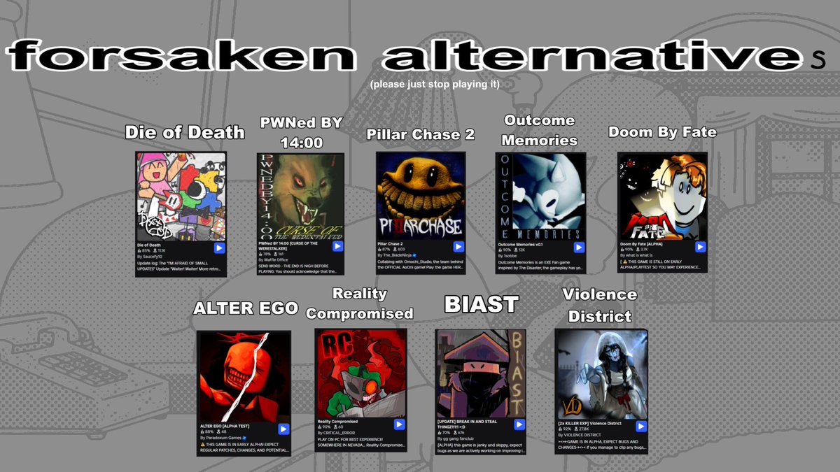 ChaosX__'s tweet image. since forsaken is in a shithole and people are still somehow attached to it I present to you,

the Forsaken Alternative s!

#roblox #forsaken #forsakenroblox #letitgobruh