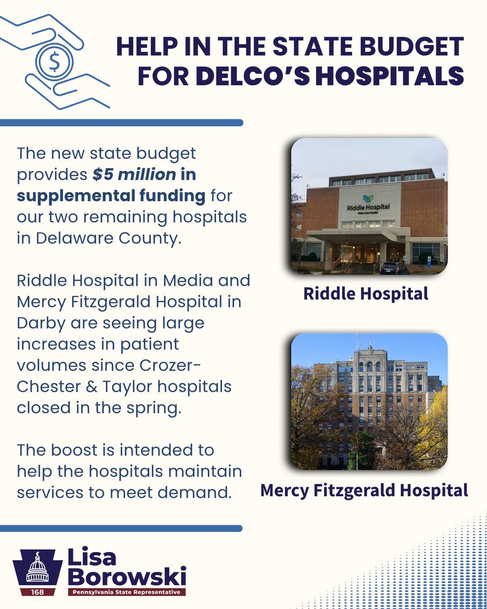 RepBorowski's tweet image. After losing 2 hospitals this past spring, our community has been living with real worry about access to healthcare, especially in emergencies. This funding won’t solve every challenge, but it *will* give these hospitals a little breathing room as they work to meet demand.