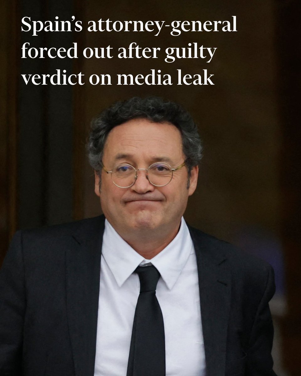 FT's tweet image. Spain’s Prime Minister Pedro Sánchez is removing his attorney-general Álvaro García Ortiz after he was found guilty of leaking personal information about the boyfriend of one of Sánchez’s main conservative rivals. on.ft.com/48m3CWt