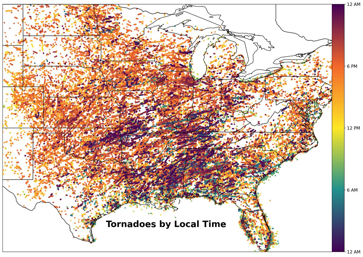 Ever feel like your town gets more nighttime tornadoes than others?

Here's a map of tornadoes by time of day (nighttime tors are plotted on top of daytime tors to stand out). I feel for you Tulsa, Jackson, Birmingham, Nashville...