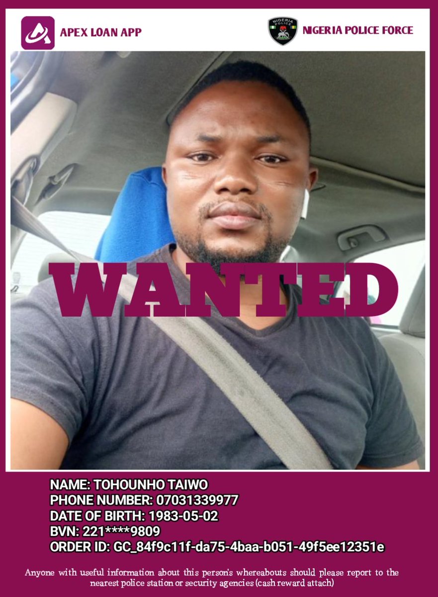 Apexloanapp's tweet photo. TOHOUNHO TAIWO is on a run with our money after several attempts of getting our loan she has proven to act fraudulent, she is declared WANTED this day the 20th of November, 2025. 

Anybody with useful information should DM

#Apex #loan #Nigeria #LoveYourW #fypシ https://t.co/yDrKeYjsDX