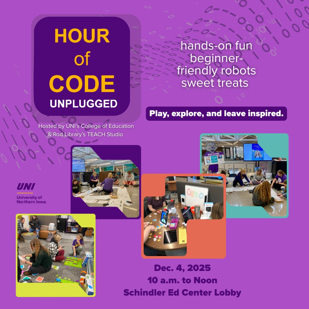 RodLibrary's tweet image. Swing by anytime between 10am–12pm for a hands-on coding adventure! Code a Sphero Indi car to drive, a Finch Robot to draw, and explore other awesome stations (including screen-free options). No experience needed &amp;amp;open to all UNI students!💡

 #HourOfCode #CodingFun #LearnToCode