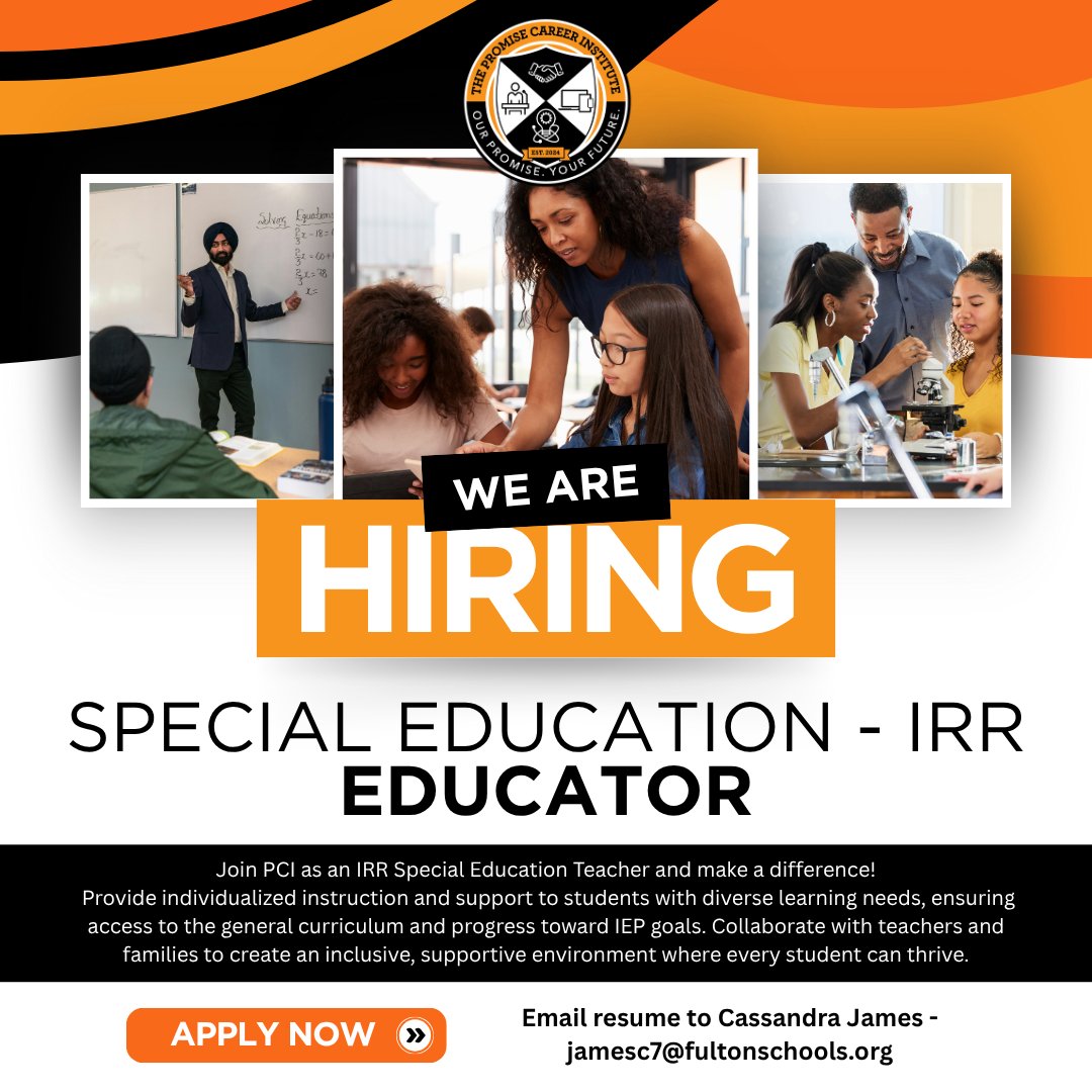 📢 Please Share - We’re Hiring!
PCI is looking for a Special Education Educator to join our team and make an impact!
✅ Support diverse learners
✅ Collaborate with teachers &amp; families
📩 Send your resume to jamesc7@fultonschools.org
#TeachingJobs #SpecialEducation