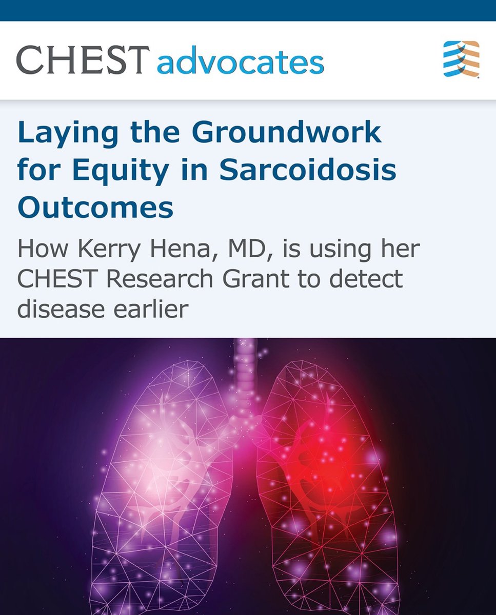 NYULangonePCCSM's tweet image. Proud of our own Dr. Kerry Hena of @BellevueHosp, whose @accpchest Research Grant is helping uncover disparities in #sarcoidosis and push toward earlier, more equitable care for our patients. 🫁

Read more 👉 bit.ly/4o0Nw9u
#Pulmonology #PCCM #Lungdisease