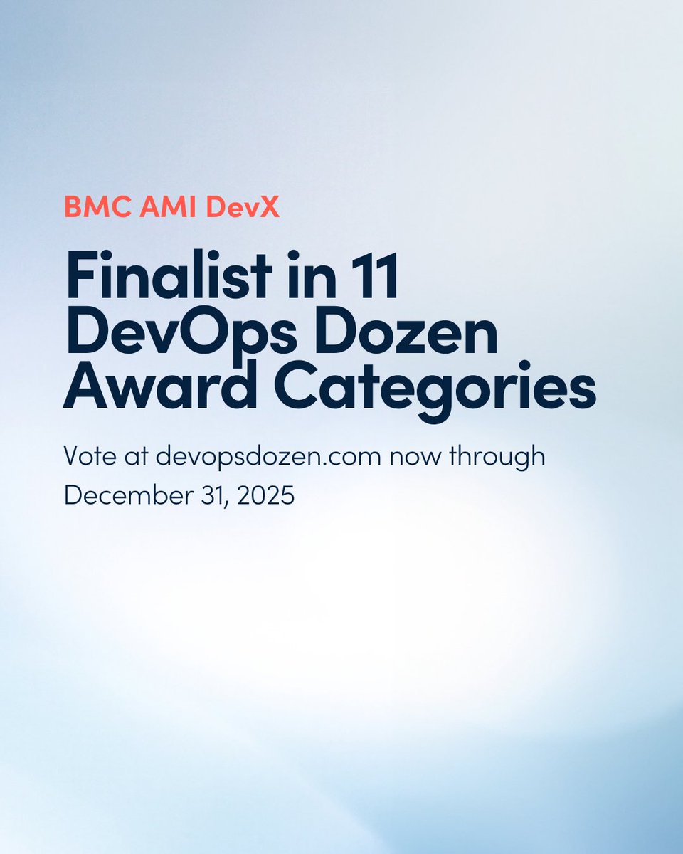 BMCSoftware's tweet image. BMC AMI DevX is a finalist in 11 DevOps Dozen Award categories for 2025. This recognition highlights the innovation mainframe teams are driving across the industry. Vote through Dec 31. Let’s show the DevOps community what mainframe excellence looks like. bit.ly/4i1J34N
