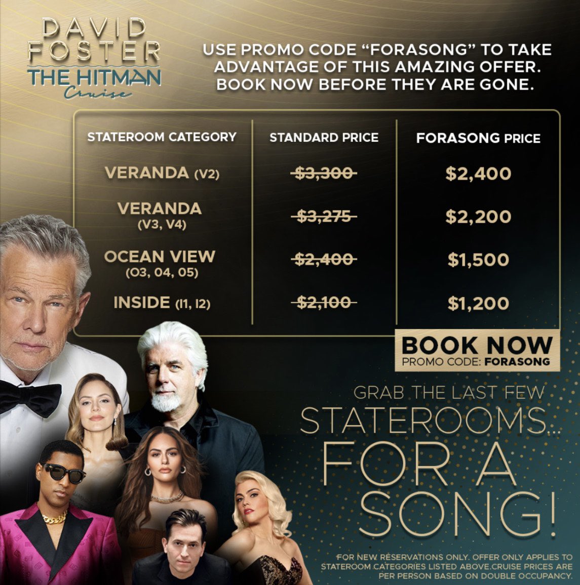 Did you get your tickets for the David Foster Cruise? The cruise is January 15 - 20th in Ft. Lauderdale, Key West &amp; Nassau. Tickets are available here: davidfostercruise.com

There are also discounted rooms available. Use the promo code “FORASONG” to take advantage of the offer