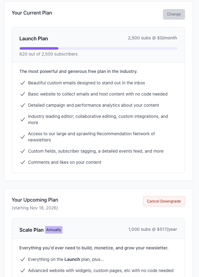 BrngInvstmntDad's tweet photo. @beehiiv  - hey guys, we are stuck. 

We upgraded to Scale from the 'Launch' plan. However, the Scale will not be effective until November '26 (see screenshot). 

We can't get to your hands on support due to our plan not upgrading. Any help you can offer would be awesome! https://t.co/71uNDH8bbM