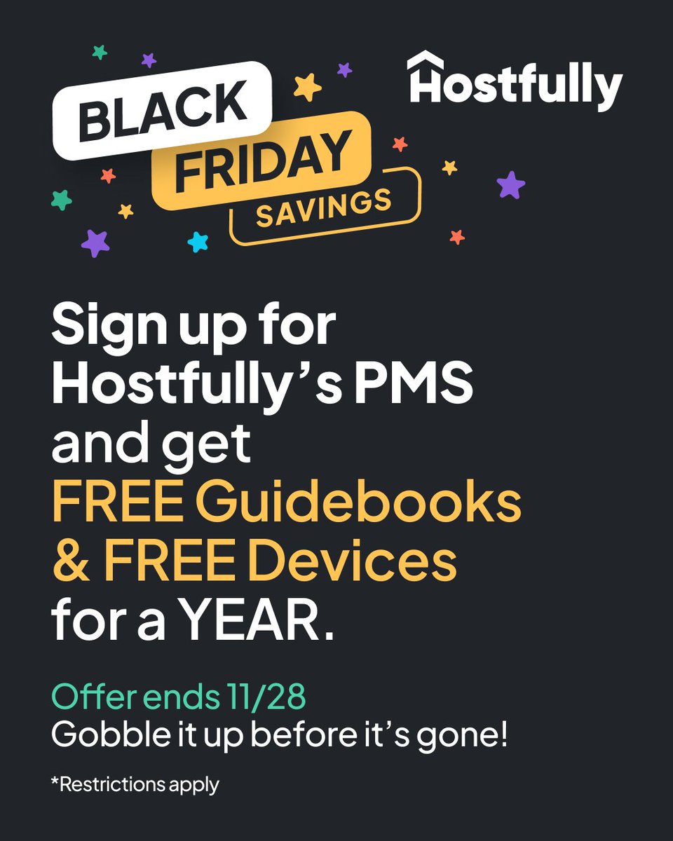 Black Friday Savings are on! Any new user who signs up for Hostfully’s PMS and gets free onboarding, guidebooks, and devices for a year. 💰

Don't miss this opportunity, sign up for a demo at hostfully.com/request-a-demo/ or email sales@hostfully.com now! 

#BlackFriday #Hostfully