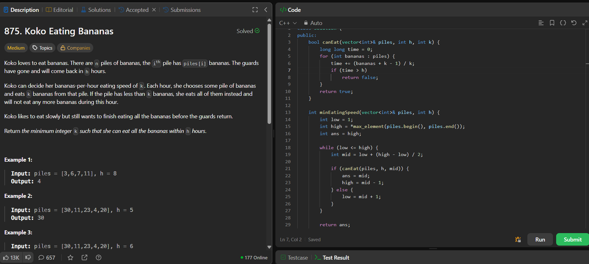 ANNISH_SEN's tweet image. Day 63 of #LeetCode75

Solved Koko Eating Bananas  using Binary Search 

Key ideas I learned:
🔸 Binary search on answer space
🔸 Checking feasibility with a helper function
🔸 Ceiling division trick for hours
🔸 Minimizing speed while staying within time limit