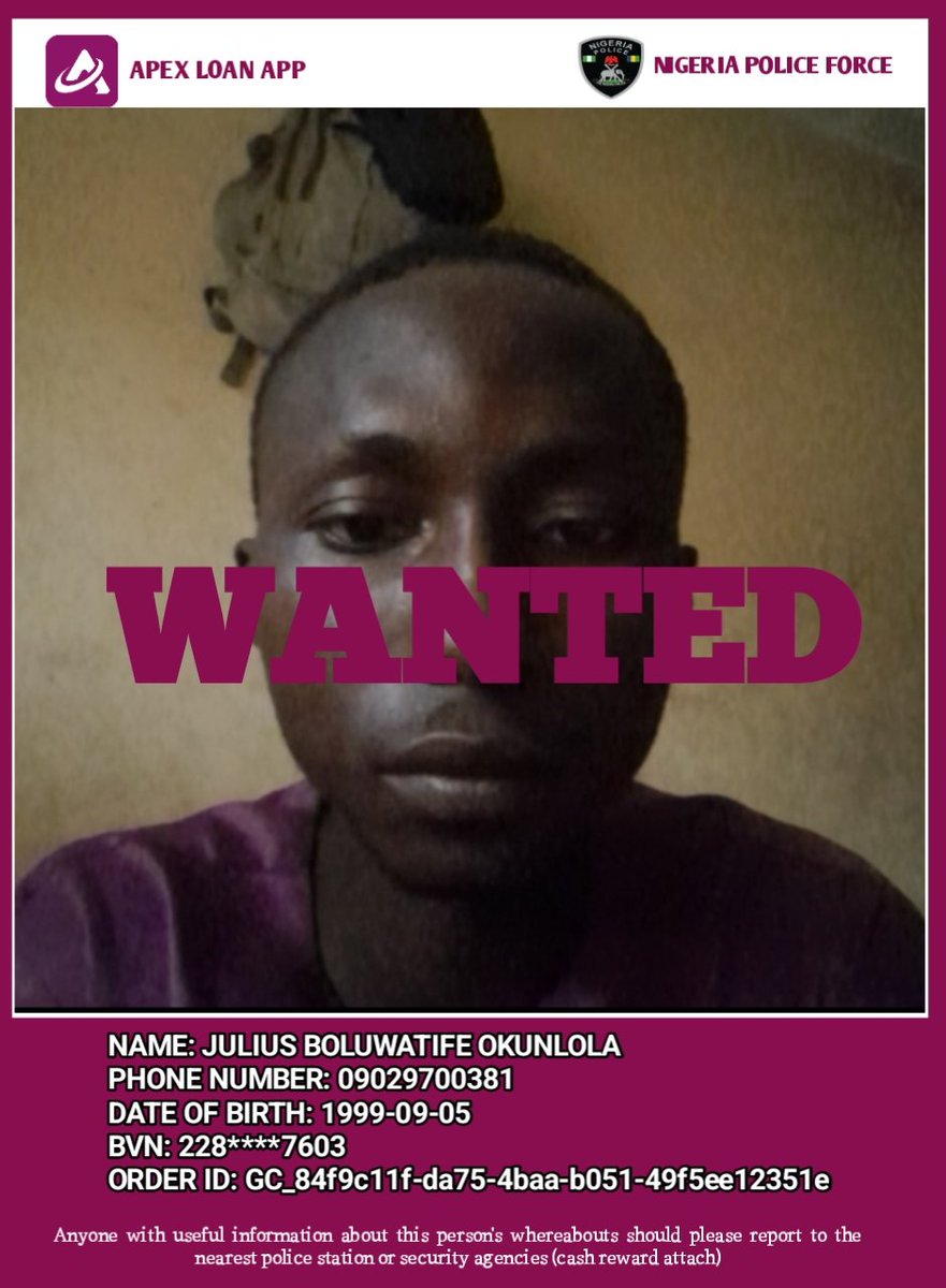 Apexloanapp's tweet photo. JULIUS BOLUWATIFE OKUNLOLA is on the run with our money after several attempts of getting our loan she has proven to act fraudulent, she is declared WANTED this day the 20th of November, 2025. 

Anybody with useful information should DM

#Apex #loan #Nigeria #LoveYourW #fypシ https://t.co/fuCypngvGV