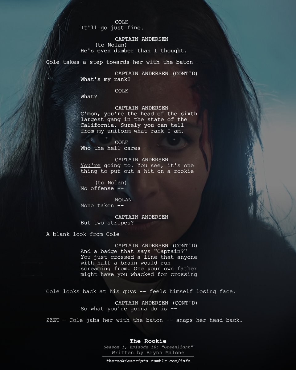 rookie_scripts's tweet image. Captain Andersen dies. (As Seen)

— THE ROOKIE
Season 1, Episode 16: “Greenlight”
Written by Brynn Malone

#TheRookie #TheRookieScripts